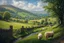 Placeholder: beautiful rolling hills and fields, with stone fences, small stream and sheep, of the Bakewell in England. Gorgeous lush green grass and trees.