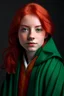 Placeholder: A girl with red hair and green eyes and she is wearing a Hogwarts robe