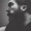 Placeholder: moody tiny charcoal side profile portrait of a bearded man, smudged charcoal, side on profile, charcoal portrait, artistic black and white profile portrait, delicate, highly detailed, chiaroscuro, beautiful composition, delicate arrangement, aesthetic, soft lighting, tender