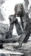 Placeholder: sketch-style painting high quality of a dragon art by Yoji Shinkawa and Valeria Burzo large bats in the background destroyed city budlings babies' in heaven