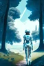 Placeholder: woman in a skin-tight silver spacesuit, facing away, standing under a spaceship, on a path, wooded landscape in the distance, blue sky