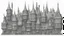 Placeholder: A highly detailed front elevation line drawing of a row of fantasy houses of different heights with tall chimneys, rooms and floors added to sides and roofs, like Harry Potter's Diagon Alley, inspired by Moebius