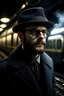 Placeholder: una foto de un hipster de 35 años con lentes color gris humo, un sombrero y una campera de cuero negro, con el fondo fuera de foco de un anden de un tren con luz artificial
