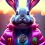 Placeholder: pixar style anamorphic cute cyberpunk rabbit baby, smiling,gangsta gold neckless, full body, magenta puffer jacket, manila city backdrop, hyper realistic, unreal engine 5, 16k