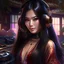 Placeholder: pretty face asia girl, dark long hair, wearing headphone, fantasy long blouse, playing turntables, on stage, sexy body, happy, enjoying, music, party, unreal engine, hyper realistic, detailed art, 8K resolution, cinematic lighting,