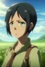 Placeholder: Attack on Titan screencap of a female with short, black hair and big greenish brown eyes. Beautiful background scenery of a flower field behind her. With studio art screencap.