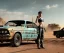 Placeholder: Realistic image. Mad max car. BMW 4 series, 2023 version. One woman standing in front of car. 4k resolution, intricate details, ornate details, soft lighting, vibrant colors, mad max background