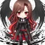 Placeholder: a full-body shot of a woman with long brown hair, red eyes, with a confident, 'bad girl' vibe, wearing black and red leather, ((Chibi anime style)), intricately detailed, splash art background