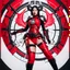 Placeholder: Photo of an asian woman superheroe strapped in a red, futuristic harness with mechanical elements. The background features a large black and white Baphomet sigil on a red backdrop, adding an occult or mystical theme to the image. red heel thigh-highs, creating a striking and cohesive look.