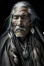 Placeholder: a photo of an Native american indian man with ethnic jewelry, grey hair and grey flowing robe, in style of Annie Leibovitz, contemporary portrait of a mature yet beautiful and modernist man, black and grey, detailed masculine face, swirling fluid smokey enigma, award-winning artwork