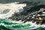 Placeholder: a storm tossed coastal fishing village with ominous thunderheads and pounding surf illustration by Yoji Shinkawa , finely drawn and inked, 4k, hyper detailed and vibrantly colored