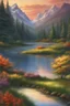 Placeholder: Create a breathtaking landscape that showcases the serene beauty of a mountain range at sunrise. The towering peaks should be adorned with a dusting of snow, glistening in the soft morning light. A calm river should flow gracefully through the valley, reflecting the vibrant hues of the sky. Surrounding the mountains, there should be lush greenery, with tall, swaying trees and vibrant wildflowers dotting the landscape. The overall scene should evoke a sense of tranquility, awe, and a connection t