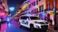 Placeholder: A police Tesla Cybertruck is chasing a Tesla 'Model S Plaid' at top speed, Bourbon Street, in New Orleans. CINEMATIC. WIDE ANGLE LENS.