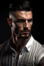 Placeholder: Ultra realistic photograph of muscular male in white button up shirt, dark hair cut short and stubble on chin, dark fantasy tribal tattoos