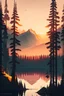 Placeholder: Stylized image of a forest, near a serene lake and mountains in the background at sunrise