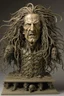 Placeholder: sculpture of handsome man with long curly hair and a spider , front view . decayed and rotting with grotesque proportions and imagery. abstract grotesqueries, detailed texture, surreal horror, biomechanical design, by hr giger and beksinski