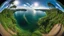 Placeholder: fish-eye lens perspective showing curvature of earth at the horizon, brilliant lush vibrant landscape of primordial jungle giving way to the ocean, verdant, eco-friendly, award winning surreal photography