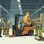 Placeholder: A giant snail in a factory driving around in a forklift, and are in the way for every worker, other angry workers stands around the snail and yell at him, pointing and give him the long finger