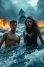 Placeholder: 18-year-old Scott Kendall and 15-year-old Judi Ott emerging from a tumultuous sea amidst a stormy backdrop, with a great white shark looming in the background, a conflagration of fire and explosive effects, ambient lighting, professional composition, infused with a mix of elegance and futuristic aesthetics, ultra-realistic, mystical undertones, sharp focus capturing every water droplet and flame, rational placement of subjects within a cinematic frame, epic atmosphere,