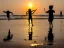 Placeholder: children jumping in water on the Indian beach capture them against the sun and make an art silhouette, hyper details, real sharp, 8k, well detailed, well shaped