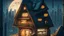 Placeholder: small german Cabin, In cyberpunk city-skyline, comic style, realistic coloring