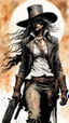 Placeholder: create an ink wash and watercolor, full body portrait of a mid 19th century Louisiana, aged female bounty hunter, Hunt: Showdown, La Luz Mala, in the comic book style of Warren Ellis ,Bill Sienkiewicz, and Jean-Giraud Moebius highly detailed hair and coarse, lined, rugged, weather worn feminine facial features, ragged, worn clothing, grainy, gritty textures, foreboding, dramatic otherworldly and ethereal lighting and colour