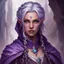 Placeholder: dungeons & dragons; portrait; human; female; sorcerer; wild magic; silver hair; braids; violet eyes; cloak