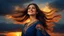 Placeholder: Hyper Realistic Photographic Side View Of A Extremely Beautiful Pakistani Pashto Young Woman (With Beautiful Green Eyes & Long Hair Whirling From Cold Breeze, Wearing Beautiful Navy Blue Frock With Golden Embroidery), Happily Looking At The Dramatic Cloudy Sunset And Giving A Bold Smile, With Navy-Blue Sky & Dark Clouds With Orange Sunset Sky, Showing Dramatic And Cinematic Ambiance.