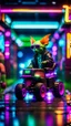 Placeholder: portrait of ghost Gremlin myth buster pimp ninja yoga cyber punk in flying hipster lawn tractor parked in dark neon lit reflective wet arcade hall tunnel,bokeh like f/0.8, tilt-shift lens 8k, high detail, smooth render, down-light, unreal engine, prize winning