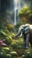 Placeholder: portrait of robot elephant in the garden, waterfall and elves ,lotsa wild weed, in spotlight, magazine cover illustration with spray paint, signed, bokeh like, down-light, unreal engine, prize winning