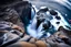 Placeholder: massive intimidating rock cliffs ascend all around and further up out of view. far below, the stormy ocean swirls intimidatingly. The ocean water falls off a waterfall down into a circular pit