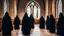 Placeholder: black robe hooded monks in the chapel