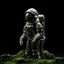 Placeholder: A abandoned moss covered astronaut statue with a black background