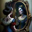 Placeholder: Snow White's stepmother stands in front of the mirror and asks a mirror, a mirror on the wall, who is the most beautiful of them all? From the mirror she sees a picture of an ugly and disgusting witch