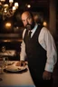 Placeholder: half figure shot photography of a 42 years old serious sicilian waiter in uniform, similar to Bud Spencer, shaved hair, muscular bearded strong chubby man with hands in the pockets, in an elegant empty restaurant, bulge, bullneck, manly chest, unshaved, short hair, photorealistic, dim light , side light, view from the ground