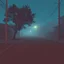Placeholder: A schematic, nostalgic, vaporwave-style image of a dimly lit, foggy street in the outskirts with a pastel blue and brown color scheme. The street has a textured, rough surface. There is a tree in the corner. The background contains a few buildings. The overall atmosphere is eerie and foggy.