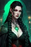 Placeholder: Beautiful young Hexblood warlock female character. Long straight jet-black hair to the waist. Half-up hairstyle with two loose Dutch braids on each side. Bright glowing pale emerald-red eyes. Delicate face. High cheekbones. Full lips. Soft smile. Faint dark vine-like markings on face, neck and collarbone. Black long cloak. Scars, markings and tattoos Realistic dark fantasy. Highly detailed. Cinematic lighting.