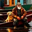 Placeholder: An old fisherman wearing waterproof trousers, round spectacles, a ragged brown leather jacket, wearing black rubber boots sits in a wooden boat sailing from the boat dock in a small fishing harbor towards the sea, next to him sits a golden retriever dog in the boat, it is raining, reflections of splashing oil paint Old houses in dull background colors of a port town in the Faroe Islands. Textured pictorial fantasy is artistic. Oil paint splattered intuitively. Very dull colors.