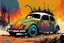 Placeholder: create an abstract, stripped down, post apocalyptic Volkwagen beetle rat rod with highly detailed features, lost in a horrific industrial wasteland, in the comic book art style of Bill Sienkiewicz, Mike Mignola, and Jean Giraud Moebius , searing lines , forceful strokes, precisely drawn, inked, and colored