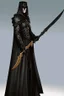 Placeholder: A commander with a black cloak and a long coat with long combat boots and a long spear with his Helmet is golden under his cloak like assasins With a magical power in his hand