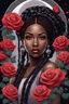 Placeholder: envision a closeup of a beautiful black female, with braids, in the midst of a rose garden, facing the front, large gray eyes, mystical fantasy, chaos