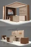 Placeholder: Corner exhibition stand in light colors with wood elements with two meeting areas