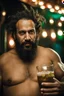 Placeholder: half figure photography of a rastaman chubby muscular strong 39-year-old arab in a discoteque, ajar mouth, shirtless, short beard, bald, drinking cocktail, manly chest, very hairy, side light, view from the ground