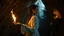 Placeholder: a sad woman with brown braided hair in profile in a scary cave, holding a flame in her palm in a white vintage long-sleeved nightgown, the inside of the cave is illuminated by the flame with yellow light,, close shot, detailed, high realistic, perfect photo, dramatic, dark fantasy