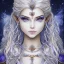 Placeholder: cosmic mage, elf, female, cosmic magic, long ears, white hair, face details, pale skin, jewellery, broad shoulders, sharp ears, cosmic clothes, cosmic eyes, ears shown, the cosmos in eyes, shining eyes, thin face, detailed ears, magical eyes, closed mouth, make up, smiling face, happy face, pointy ears, glow in eyes