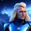 Placeholder: Homme galactique beau fin, grand front cosmique, yeux bleus réels, cheveux longs blonds, costume galactique, paysage cosmique, 8k, unreal engine