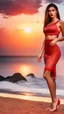 Placeholder: very nice real face beautiful sexy roman with make up at the beach standing pose in a short lace red and silver dress, full body, 3D cloudy sky volumetric nice clouds 8k sharp focus,sunset,golden hour,medium shot