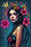 Placeholder: Dynamic ink art by alberto seveso of a full woman body, wide shot, cyberpunk plants and flowers, neon, vines, flying insect, front view, dripping colorful paint, tribalism, gothic, shamanism, cosmic fractals, dystopian, dendritic, artstation: award-winning: professional portrait: atmospheric: commanding: fantastical: clarity: 16k: ultra quality: striking: brilliance: stunning colors: amazing depth, cute colorful lighting (high definition)++, photography, cinematic, detailed character portrait, +