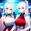 Placeholder: Clear focus, 8k, beautiful lighting, vibrant colors, girl, white hair, long hair, vibrant red eyes, ponytail, same twins, white hair, red eyes, same clothes, hair in between the eyes,