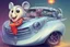 Placeholder: whimsical cartoon car with big eyes and its front grill forming a friendly smile, with a mouse character riding on it.